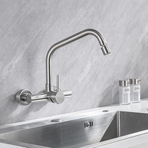 ONECE Wall Mounted Kitchen Tap with 2 Modes, Wall Taps with Rotating Nozzle, Single Lever Mixer Tap for Sink 360° Rotating, Stainless Steel 304, Removable Aerator