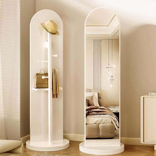 Full length mirror, HD 360° Rotating Floor Standing Rounded Mirrors with Coat Hanger & Shelf, Fitting Mirrors, Wooden Rotatable Mirror, Living Room Entrance Dressing Mirror (Style-C1)