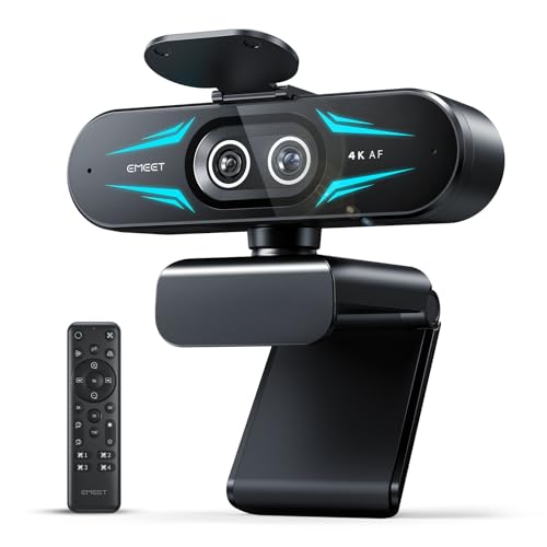 EMEET C60E Dual Camera 4K Webcam for Streaming, Wide Angle and Telephoto Lens, Up to 11x Hybrid Zoom & PDAF Auto Focus, Remote Control, RGB Lighting, 2 Microphones, Ideal for Live Streaming