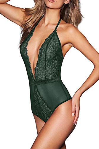 Donnalla Women One Piece Teddy Lingerie Deep V-Neck Halter Lace Bodysuit (Dark Green, Size S)