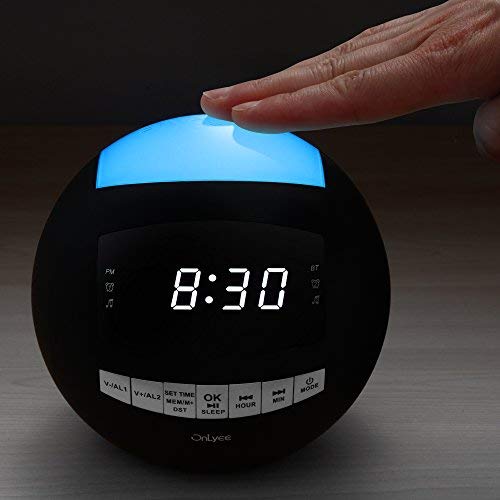 OnLyee Bluetooth Alarm Clock Radio, AM FM Radio, Digital LED, 7 Colored Night Light, AUX, Speaker, Dual USB Chargers, Dual Alarms - Kids Desk Kitchen Bedroom Heavy Sleepers