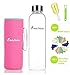Bonison Flip Top Glass Water Bottle Silicone Wrap Glass Bottle Wide Mouth Spout Bottle BPA Free Lead Free Drinking Cup with Flip Top Lid Spout Cap Carrying Handle String-18.5 oz