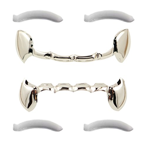 24K White Gold Plated Fang Grillz With Behind The Teeth Bar + 2 EXTRA Molding Bars