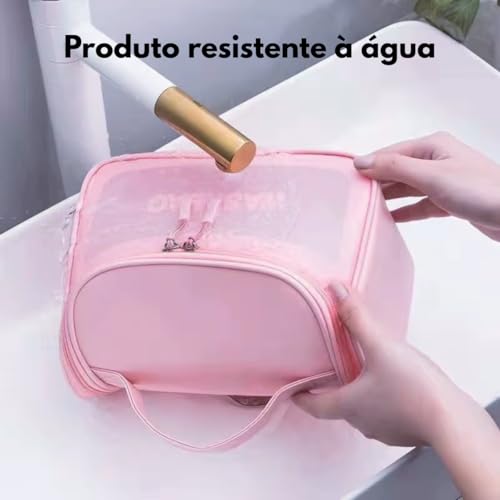 Necessaire Feminina Transparente Viagem Bolsa Ideal para Cosméticos Maquiagem Higiene Pessoal Fechamento com Zíper Fácil Acesso Design Moderno Funcional Impermeável (Rosa)