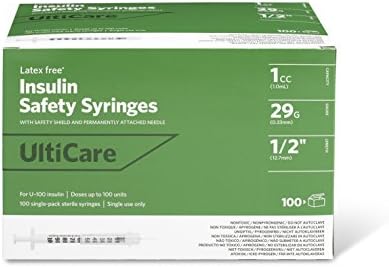 UltiCare 03219 Insulin Safety Syringe with Permanently Attached Needle, 29 g x 1/2", 1 mL (Pack of 100)