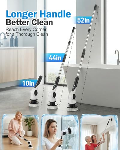 Electric Spin Scrubber, 3-Speed Cordless Shower Scrubber with Long Handle & 10 Replaceable Brush Heads, 90 Mins Runtime & Full-Body IPX7 Waterproof Shower Cleaner Brush for Bathroom Kithchen