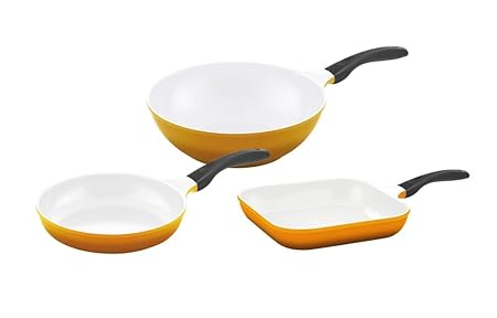 culinario Pfannenset mit weißer antihaft Keramikbeschichtung in gelb, Bratpfanne Ø 24 cm, Grillpfanne 28 x 28 cm und Wok Ø 30