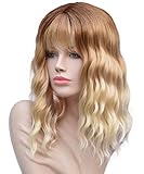 Akali Ombre Blonde Wigs for Women Natural Looking with a Satin Healthy Sheen Heat Resist Synthetic 14inch Curly Short Bob Wig with Air Bangs Blonde Wig for Daily Use