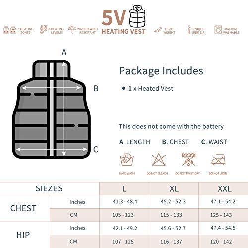 NUNEWARES 5V Heated Vest USB Charging Electric Lightweight Size Adjustable Heated Jacket for Men Women Outdoor Hiking Motorcycle Travel Fishing Golf (Battery Not Included) (Black, Large)