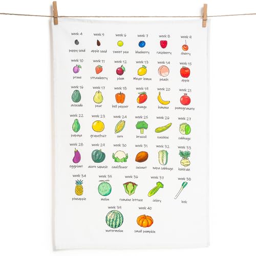 Baby Size Tea Towel - Weekly Baby Growth Tracker In Fruit & Veg First Time Mom To Be Musthave Pregnancy Announcement Congratulation Pregnancy Gift For Expecting Parents Couple Countdown Maternity Gift