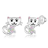 Premium 9MM Multi Color Crystal Cat Screwback Kids Baby Girl Teen Earrings With Swarovski Elements By Chanteur – 925 Sterling, White Gold Tone – Perfect Gift For Children