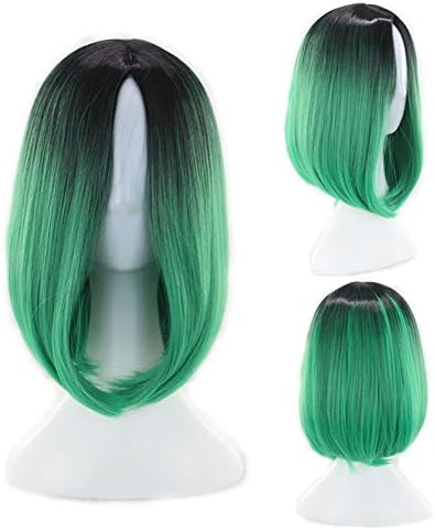 Chige Bob Wigs, Ombre Color Heat Resistant Synthetic Straight Hair, 12-inch Shoulder Length High Density Full Wig with Neat Bangs Hair Net for Girls Women Costumes Cosplay Party (Grass Green)