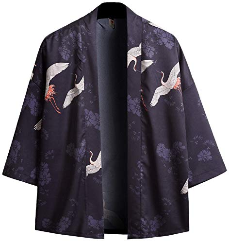 Hotmiss Men's Kimono Cardigan Jacket Japanese Style Flying Crane Seven Sleeves Open Front Coat (Navy Crane, Large)