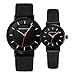 Valentines' Unisex Black Pair Wrist Watches,Romantic His and Hers Simple Casual Wristwatches for Men Women,Genuine Leather Strap Set of 2