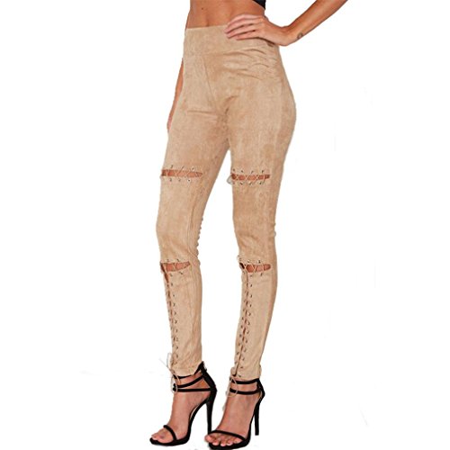 Leedford Ripped Holes Pants,Women Casual Ripped Holes Stretch Skinny Suede Bandage Jeggings Straight Fit Pants (S, Khaki) - Thumbnail 5