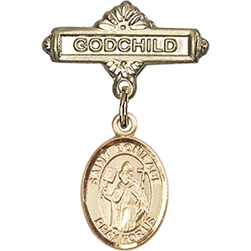 Gold Filled Baby Badge with St. Boniface Charm and Godchild Badge Pin 1 X 5/8 inches
