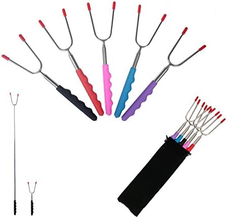 Landto Set of 5 Extendable Stainless Steel Telescoping Marshmallow Roasting Sticks BBQ Forks with Heat-resistant Handle for Campfires (5 colors)