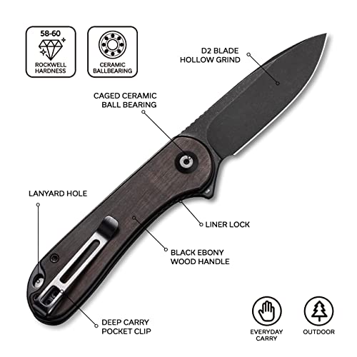 CIVIVI Folding Pocket Knife, 2.96" D2 Black Stonewashed Blade Black