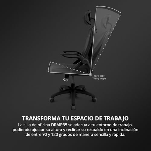 DRAIR35 – Silla Escritorio Ergonómica Oficina y Hogar de Malla tensada Transpirable, Reclinable 90-120°, Reposacabezas y Reposabrazos Abatibles, Soporta hasta 120 kg, Negro