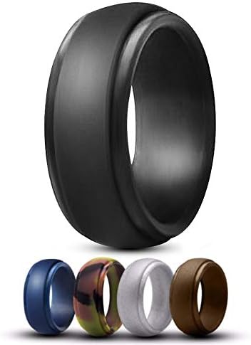 Silicone Rubber Wedding Ring for Men- 5 Pack Step Edge Comfortable Low Profile Design. Black, Brown, Camo, Blue & Grey