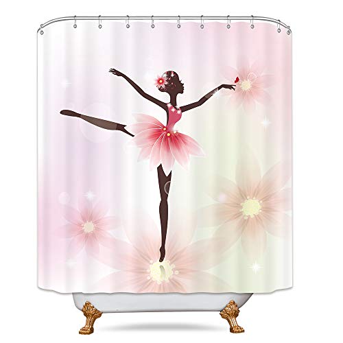 Riyidecor Girls Ballet Shower Curtain Ballerina Dancer Pink African American Floral Skirt Gymnastic Art Nursery Bathroom Decor Fabric Set Polyester Waterproof 72x72 Inch 12 Plastic Hooks