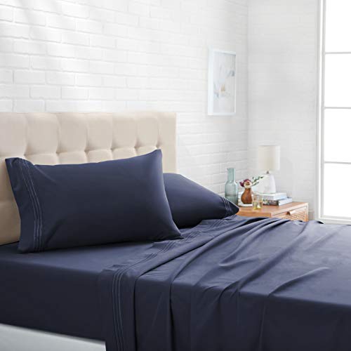 image for AmazonBasics Embroidered Hotel Stitch Sheet Set - Premium, Soft, Easy-