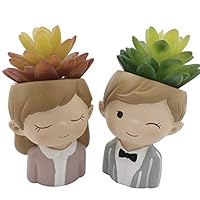 Cyrra Couples Flower Pot Creative Simulation Micro Landscape with Succulent Set Lovers Gift Decoration Accessories (Sweet Girl and Stripe Boy)