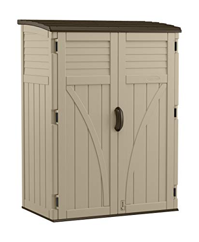 Suncast BMS5700 Vertical Shed - Outdoor Storage Shed for Backyards and Patios - 54 Cubic Feet for Outdoor Tools and Accessories - Sand, Black, 2' 8" by 4' 5" by 6'