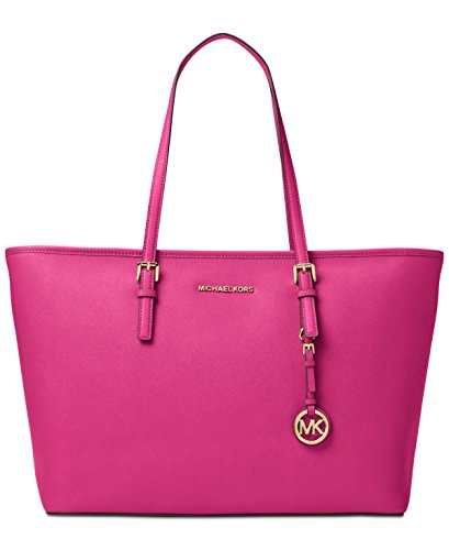 MICHAEL Michael Kors Jet Set Travel Leather Medium Top Zip Mult Funt Tote, Raspberry
