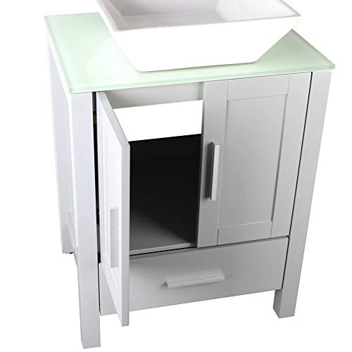 24" Grey Bathroom Vanity Cabinet and Sink Combo Glass Top MDF Wood w/Sink Faucet &Drain set - Thumbnail 7