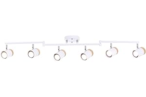TeHenoo 6-Light Track Lighting, 45.67 inch Flexible Arms,350°Rotation Track Heads,Natural Wood Shade Track Light Fixtures for Living Room,Dining Room,Kitchen,Art Studio (White)