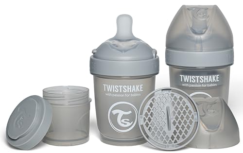 Twistshake 2x Pro Double Biberon Anti-Coliques avec Récipient à Lait en Poudre - 180 ml | Mamelon en Silicone à Débit Lent | Biberon de Lait pour Bébé sans BPA | Convient aux Nouveau-Nés (0+) | Gris
