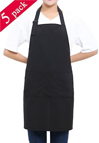 (5 set Black Professional Resist Water Adjustable Extra Long Bib Apron 3 Pockets Home Kitchen Garden Restaurant Cafe Bar Pub Bakery for Cooking Chef Baker Servers Craft Unisex