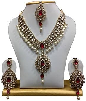 Prime Fast Delivery Elegant Indian Bollywood Red Stone White Pearls Women Jewellery Necklace Set