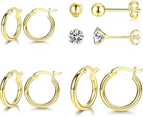 GULICX Sterling Silver Small Hoop Stud Earrings Hypoallergenic Huggie Hinged Unisex Sleeper Hoops Earrings , Tiny Cartilage CZ Ball Earrings Piercing Jewellery for Women Girls