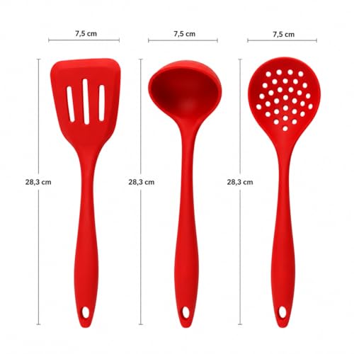 Kit 3 Utensílios de Cozinha em Silicone Vermelho Concha Espátula Escumadeira Premium Resistente até 230°C Não Risca Panela
