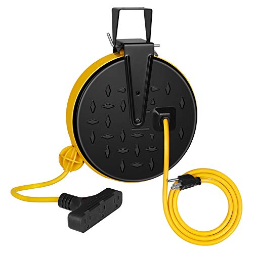 DEWENWILS 30 Ft Retractable Extension Cord Reel, Ceiling/Wall Mount 16/3 Gauge SJTW Power Cord with 3 Electrical Outlets Pigtail for Garage and Shop, Metal Plate, ETL Listed