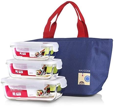 Glass Storage Containers with Lids and Insulated Lunch Bag - Glass Food Storage Containers Airtight - Glass Meal Prep Containers Glass Food Containers,BPA Free,12oz + 21oz + 35oz, (3-Pack)