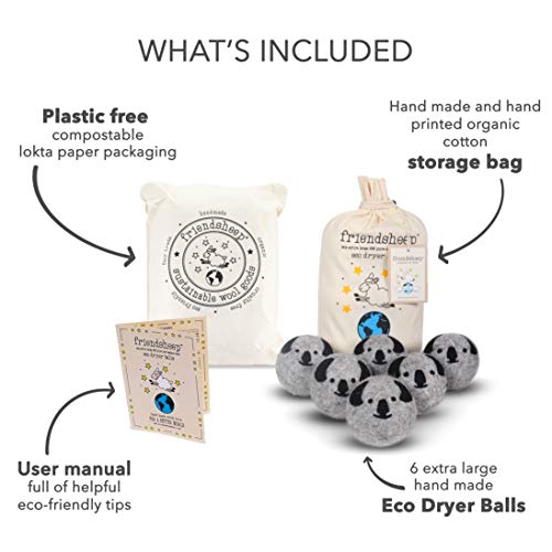 Friendsheep Organic Eco Wool Dryer Balls - Grey Koala - Handmade, Fair Trade, No Lint - Koala Crew Pack of 6