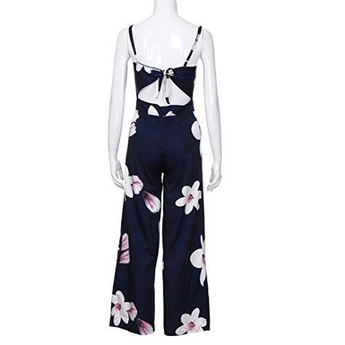 Minisoya Women Backless Floral Clubwear Playsuit Casual Bodycon Party Wide Leg Jumpsuit Romper Long Pants Trousers (Navy, M)
