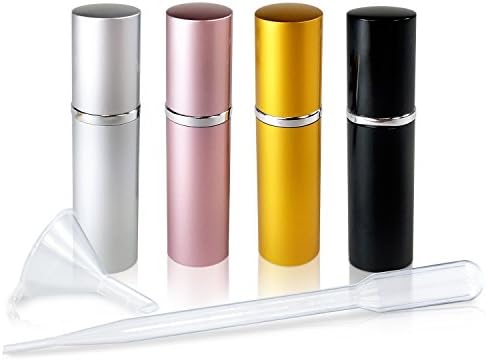 Refillable Perfume & Cologne Fine Mist Atomizers with Metallic Exterior & Glass Interior - Portable Travel Size - 3ml Squeeze Transfer Pipette Included - 4 Pc Pack of 5ml (Silver,Black,Gold,Pink)