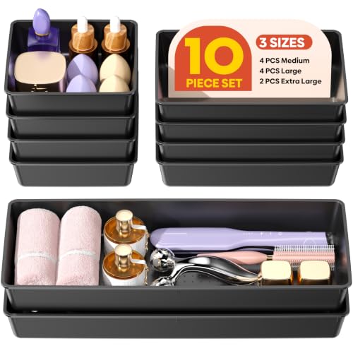 10 Pack Large Size Plastic Drawer Organizers Set, 3 Sizes Desk Drawer