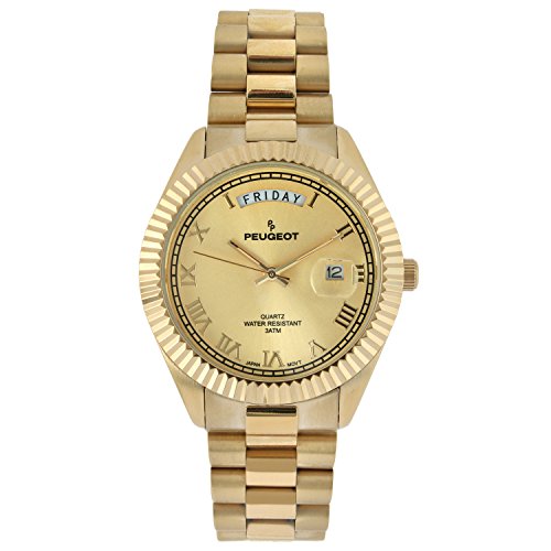 Peugeot 14K All Gold-Plated Day Date Roman Numeral Stainless Steel Big Face Fluted Bezel Luxury Watch 1029G
