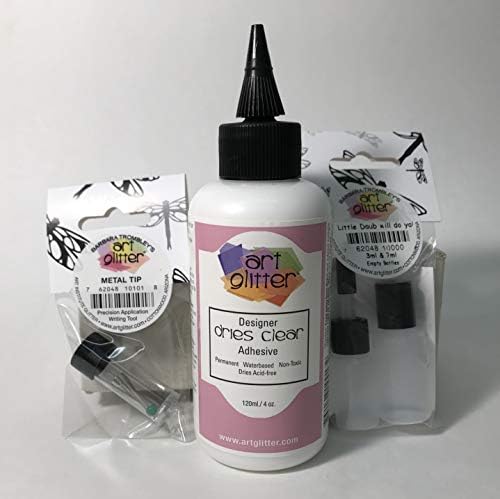Art Institute Glitter Designer Dries Clear Adhesive 4oz Kit-4 Items 4oz Glue 3ml & 7ml Refill Bottles and Metal Tip