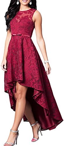 Alanre Women's Jewel Neck Sheer Lace Asymmetrical Prom Homecoming Dress Burgundy 6