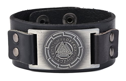 Vintage Classic Odin's Symbol Charm Religious Cuff for Men's Wristband Leather Bracelet (Antique Silver,Black)