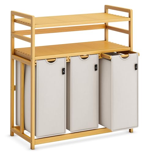 AdelDream Wäschekorb 150L, 3 Fächer Wäschesammler, 2 Ablagen, Bambus