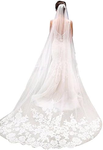 1 Layer White Ivory Cathedral Length Lace Edge Bride Wedding Bridal Veil with Comb (White)