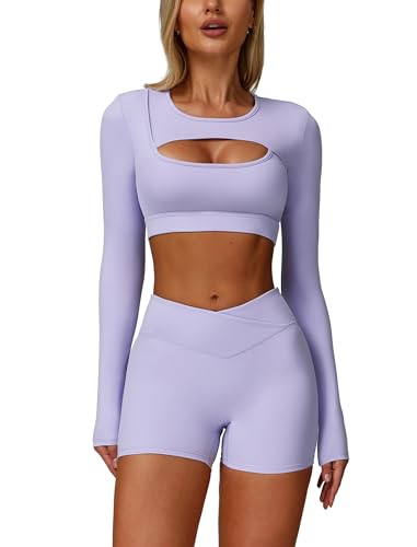 2 Piece Workout Sets for Women Seamless High Waist Shorts Yoga Long Sleeve Cutout Crop Tops Athletic Gym Sets at Amazon