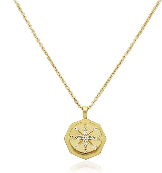 Gold Compass Necklace Stainless Steel Chain Compass Pendant Necklace for Women,14K Gold Plated